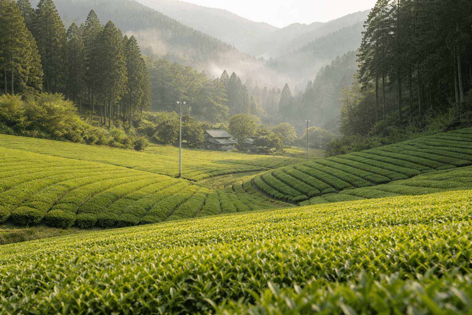 静かな茶畑／光が差し込む茶園