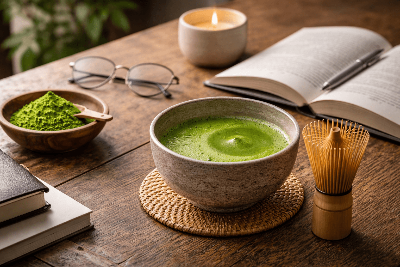 テーブルの上の抹茶／作業・読書の風景