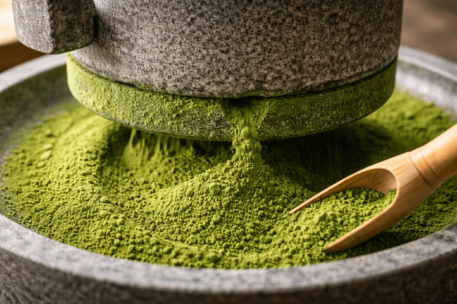 石臼で挽かれる碾茶／抹茶の粉のクローズアップ