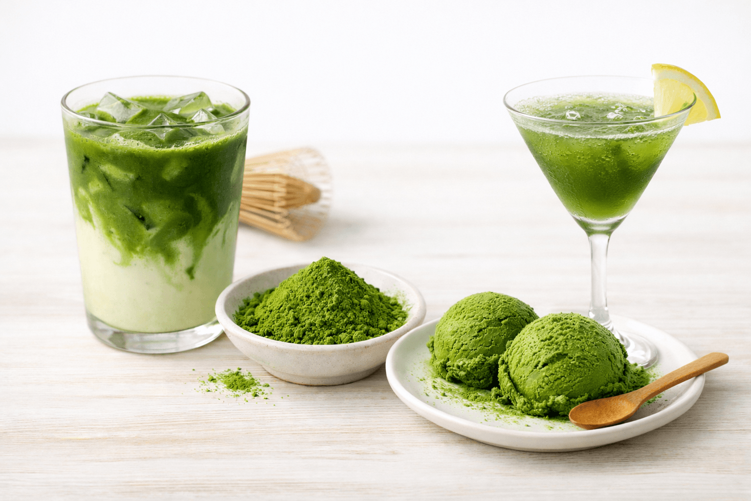抹茶パウダーの活用イメージ（ラテ・デザート・カクテル）